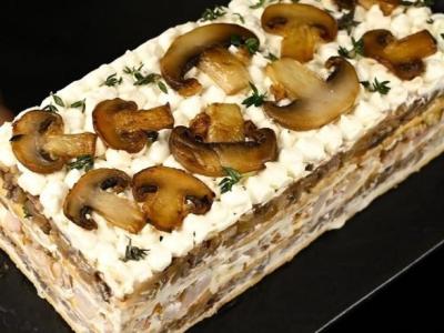 Несладкий закусочный торт с грибами и курицей